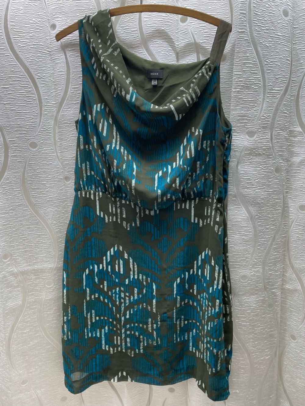 Mexx Sleeveless Dress Womens 16 Olive Green Turquoise Cowl Neck Abstract Print‎